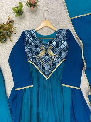 teal color embroidery sequences work chanderi salwar suit 2