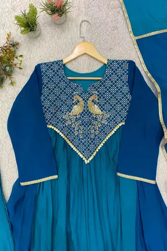 teal color embroidery sequences work chanderi salwar suit