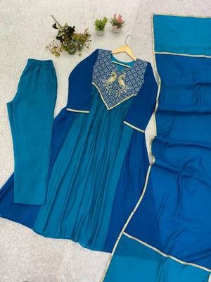 teal color embroidery sequences work chanderi salwar suit 3
