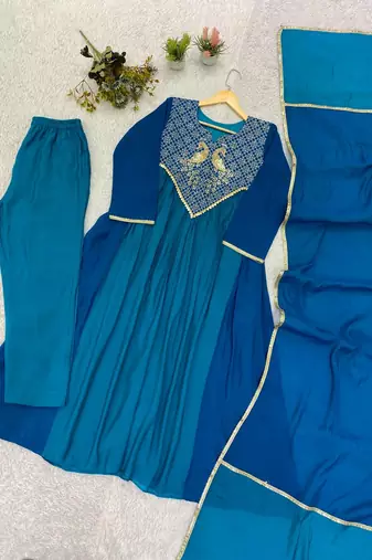 teal color embroidery sequences work chanderi salwar suit