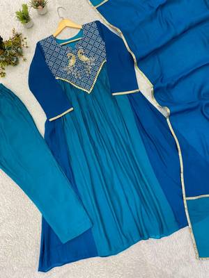 teal color embroidery sequences work chanderi salwar suit 4
