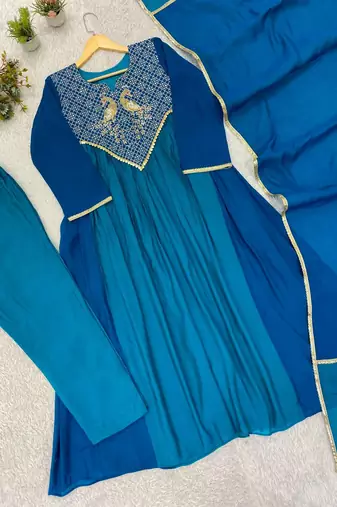 teal color embroidery sequences work chanderi salwar suit
