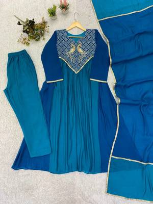teal color embroidery sequences work chanderi salwar suit 5