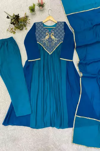 teal color embroidery sequences work chanderi salwar suit