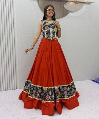 Orange Mirror Work position print Silk Blend Navratri Lahenga Choli Set 1