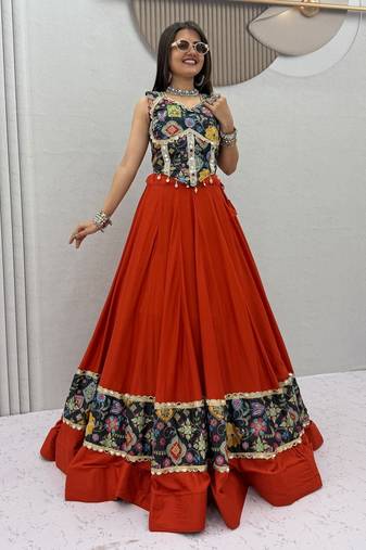 Orange Color Real Mirror Work position print Silk Blend Navratri Lahenga Choli Set