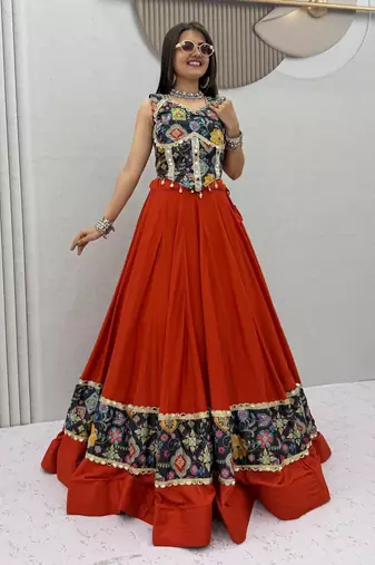 Orange Mirror Work position print Silk Blend Navratri Lahenga Choli Set