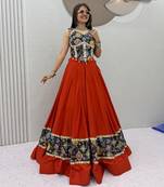 Orange Mirror Work position print Silk Blend Navratri Lahenga Choli Set