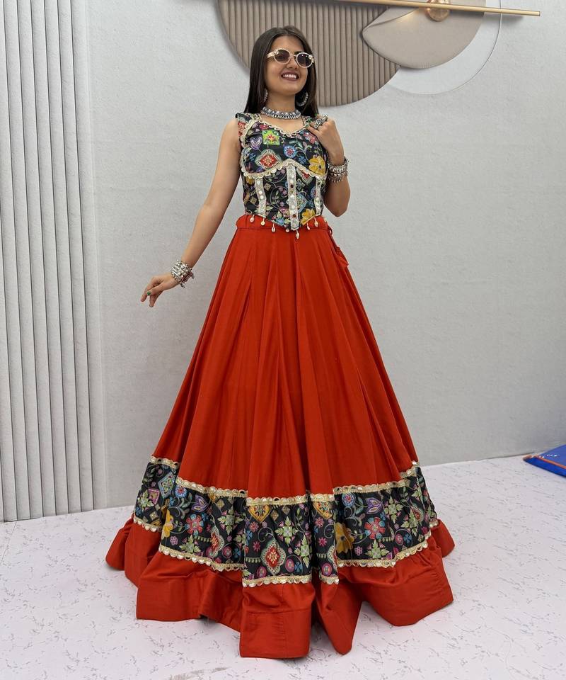 Orange Mirror Work position print Silk Blend Navratri Lahenga Choli Set