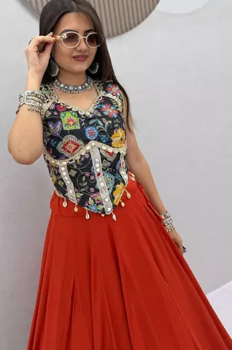 Orange Mirror Work position print Silk Blend Navratri Lahenga Choli Set