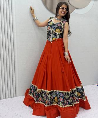 Orange Mirror Work position print Silk Blend Navratri Lahenga Choli Set 3