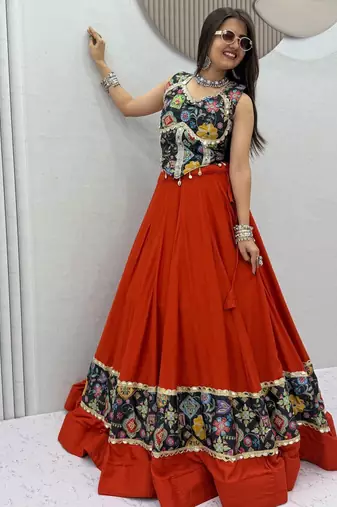 Orange Mirror Work position print Silk Blend Navratri Lahenga Choli Set