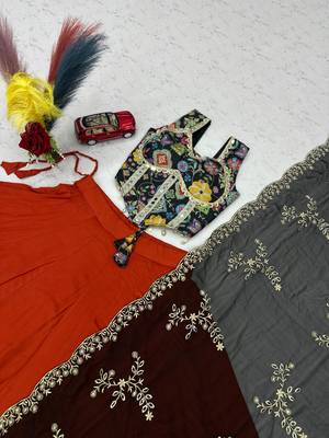 Orange Mirror Work position print Silk Blend Navratri Lahenga Choli Set 4