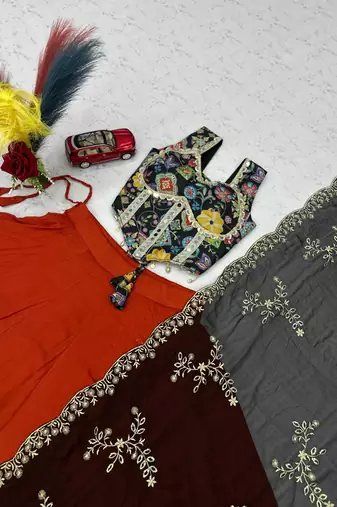 Orange Mirror Work position print Silk Blend Navratri Lahenga Choli Set