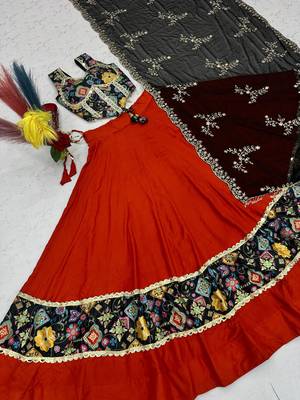 Orange Mirror Work position print Silk Blend Navratri Lahenga Choli Set 5