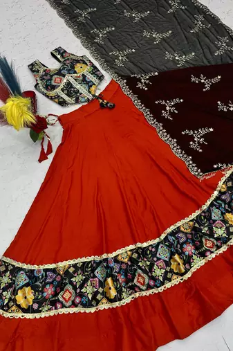 Orange Mirror Work position print Silk Blend Navratri Lahenga Choli Set