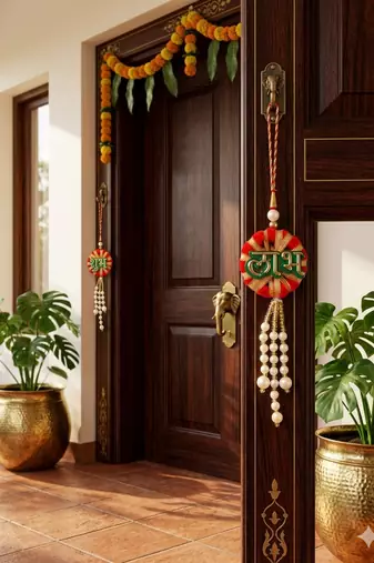 handmade shubh labh beads door hanging decorative wall hanging for home decoration (set of 1)