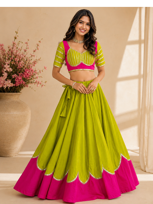 parrot Green Color Lace Work Roman silk_Blend Lehenga Choli 1