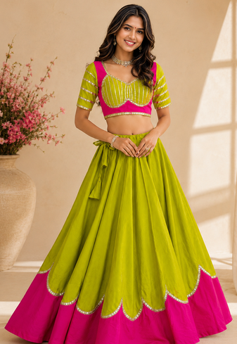 parrot Green Color Lace Work Roman silk_Blend Lehenga Choli
