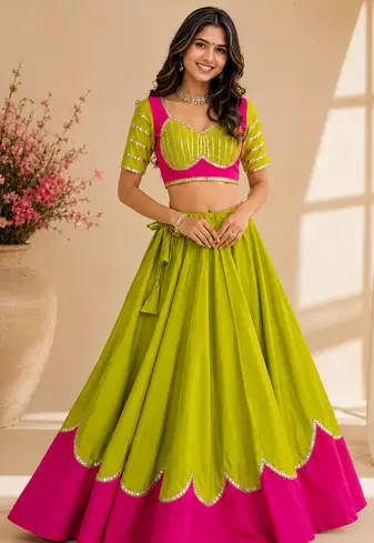 parrot Green Color Lace Work Roman silk_Blend Lehenga Choli