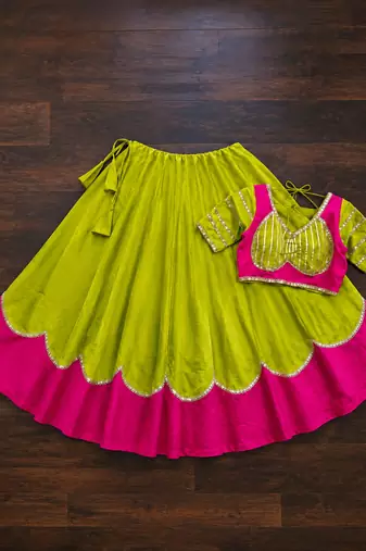 parrot Green Color Lace Work Roman silk_Blend Lehenga Choli