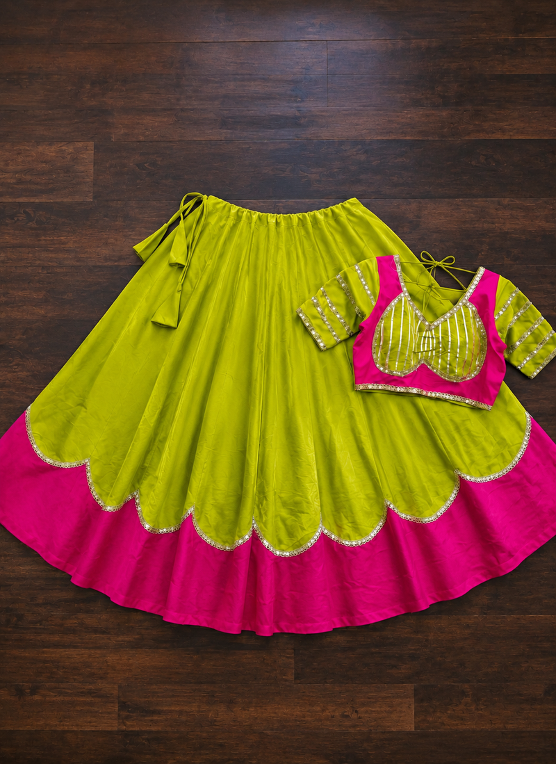 parrot Green Color Lace Work Roman silk_Blend Lehenga Choli