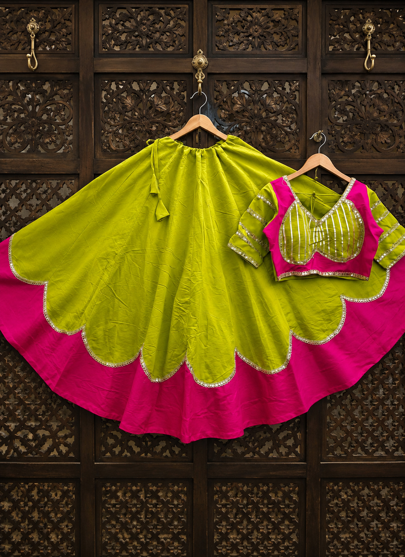 parrot Green Color Lace Work Roman silk_Blend Lehenga Choli