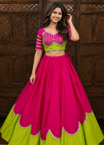 Rani Pink Lace Work Roman silk_Blend Lehenga Choli