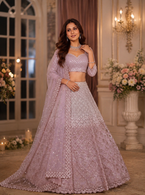 Peach color Designed Pattern Embroidered and Sequins Work net Lehenga Choli set 1