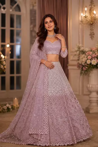 Peach color Designed Pattern Embroidered and Sequins Work net Lehenga Choli set
