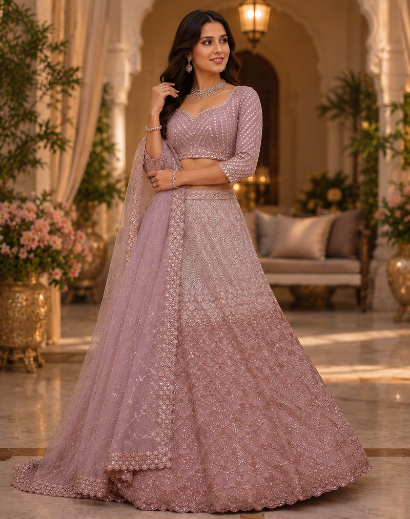 Peach color Designed Pattern Embroidered and Sequins Work net Lehenga Choli set