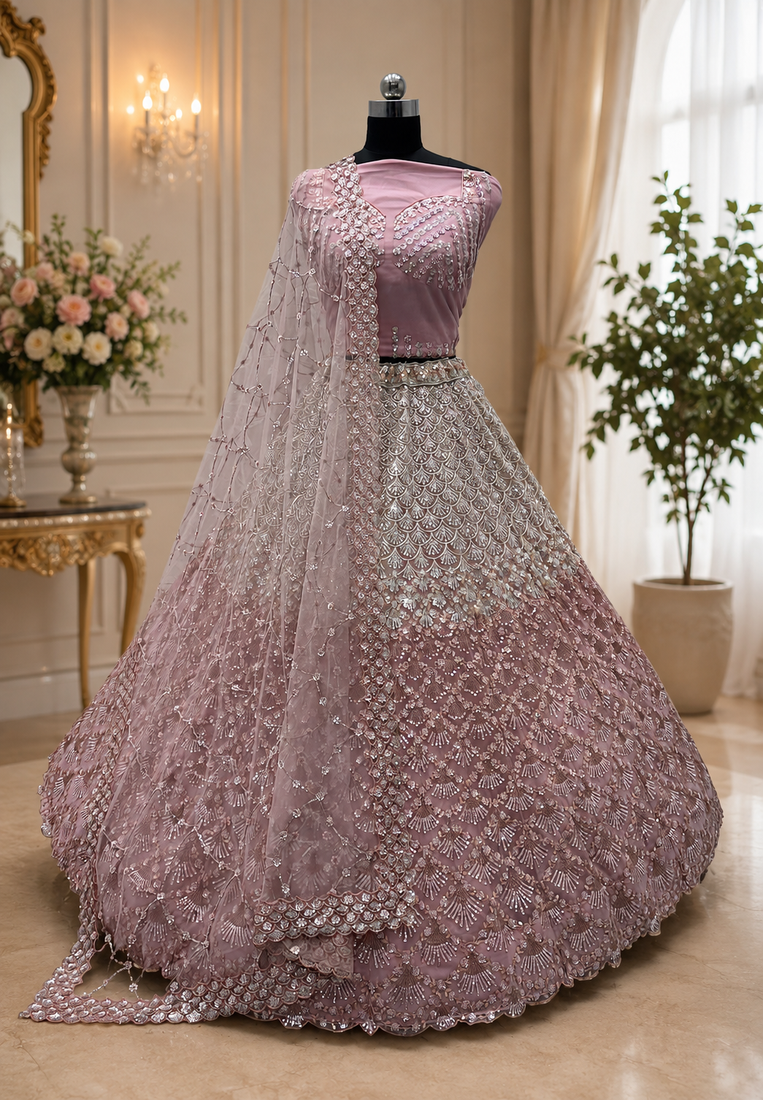 Peach color Designed Pattern Embroidered and Sequins Work net Lehenga Choli set