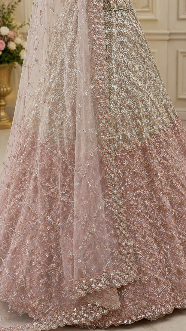 Peach color Designed Pattern Embroidered and Sequins Work net Lehenga Choli set