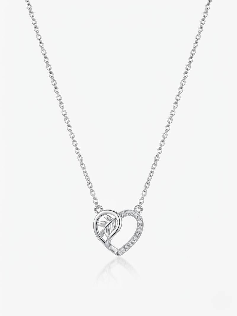 925 sterling silver cz heart & leaf pendant necklace for women