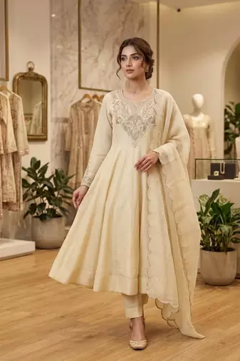 cream color embroidery sequences work silk blend salwar suit