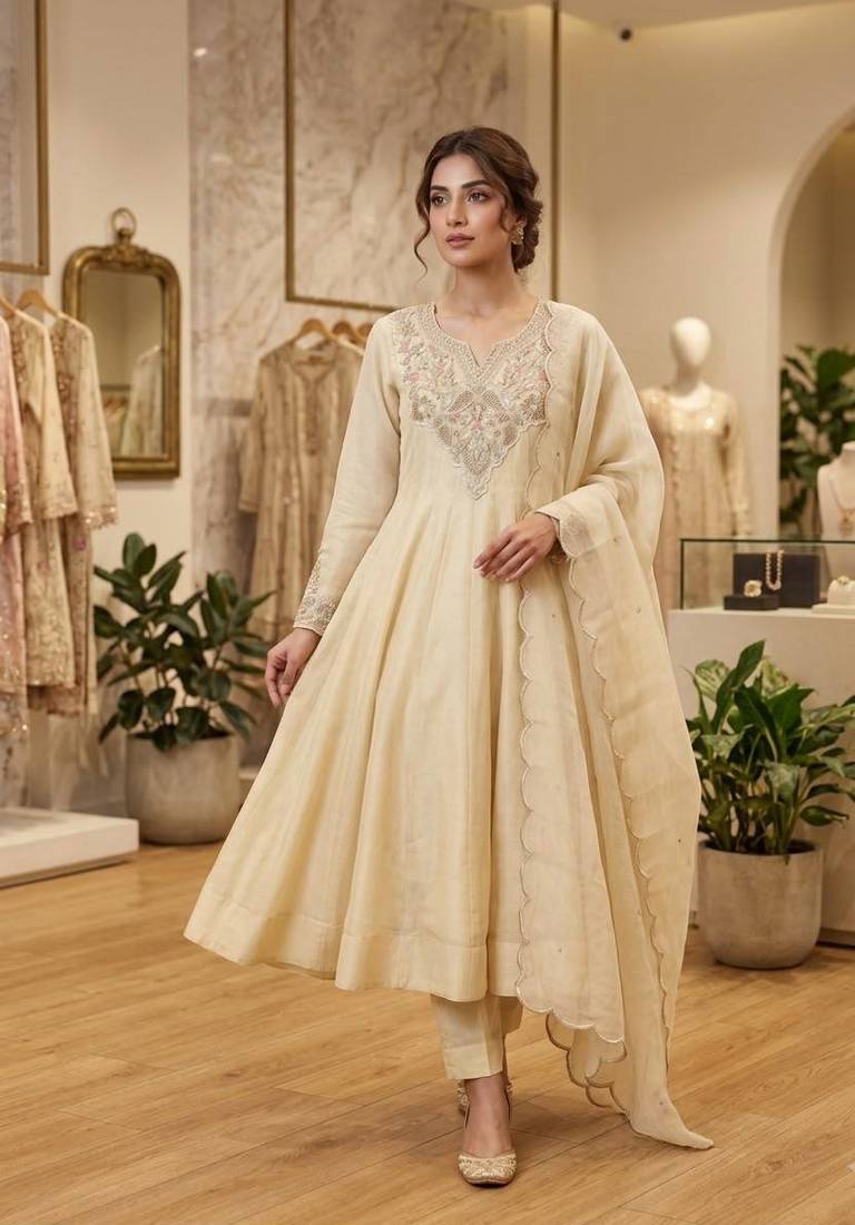 cream color embroidery sequences work silk blend salwar suit