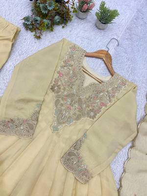 cream color embroidery sequences work silk blend salwar suit 2