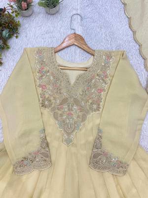 cream color embroidery sequences work silk blend salwar suit 3