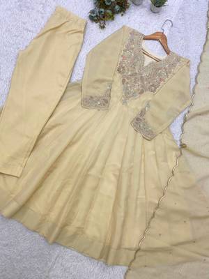 cream color embroidery sequences work silk blend salwar suit 4
