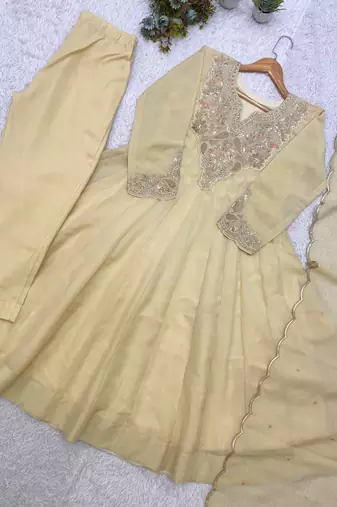 cream color embroidery sequences work silk blend salwar suit