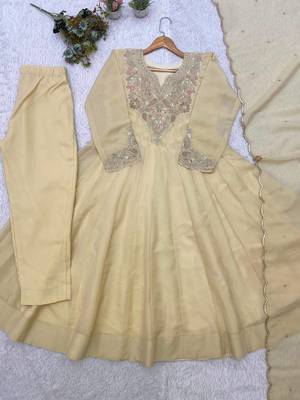 cream color embroidery sequences work silk blend salwar suit 5