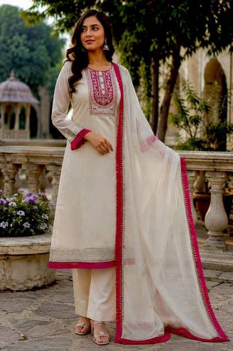 Off White Color Embroidery And Sequence Work Organza Salwar Suit