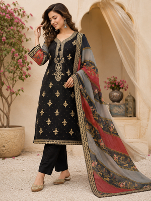 black color embroidery sequences work chanderi salwar suit 1