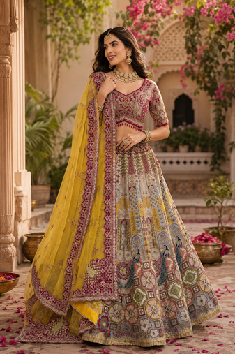 multicolor color Hand mirror Work Multi thread Zari and Dori work silk blend Lehenga Choli set