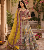 multicolor color Hand mirror Work Multi thread Zari and Dori work silk blend Lehenga Choli set