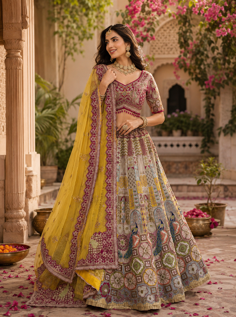 multicolor color Hand mirror Work Multi thread Zari and Dori work silk blend Lehenga Choli set