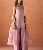 Wome's lavender silk blend straight kurti palazzo set with dupatta