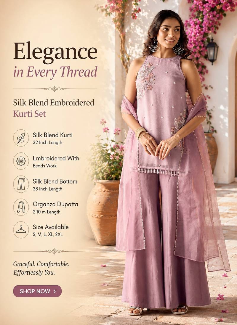 Wome's lavender silk blend straight kurti palazzo set with dupatta