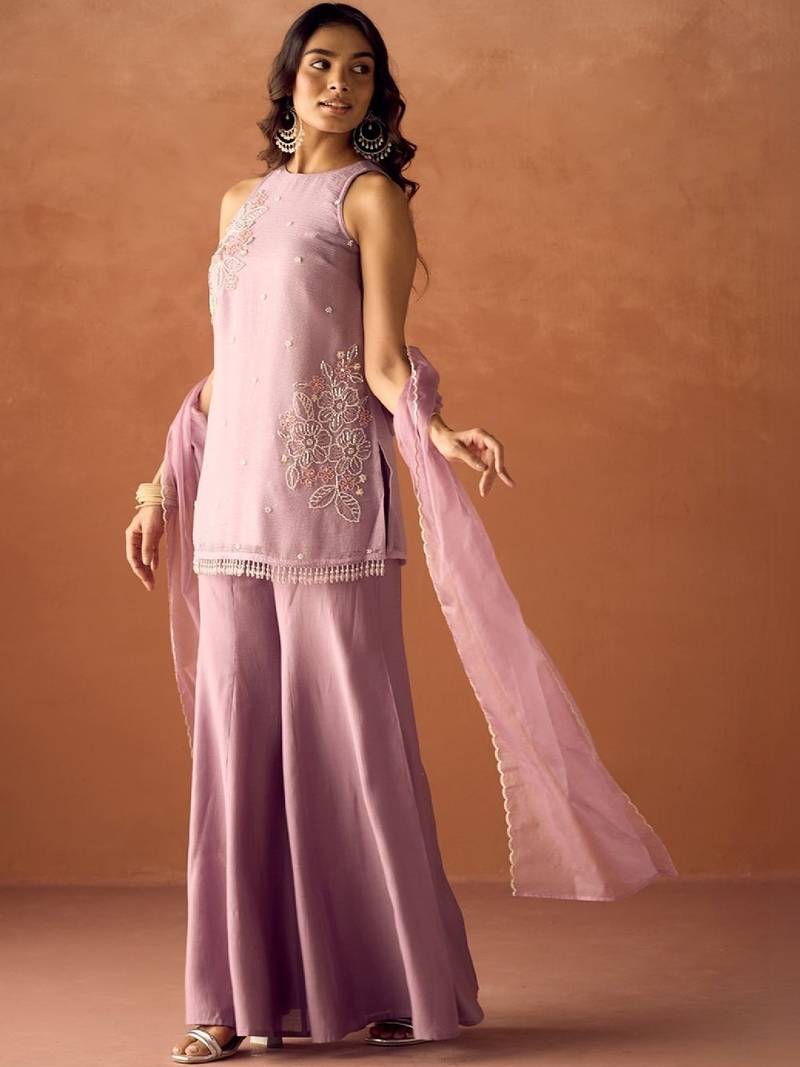 Wome's lavender silk blend straight kurti palazzo set with dupatta