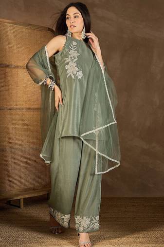 Wome's light olive silk blend straight kurti palazzo set with dupatta